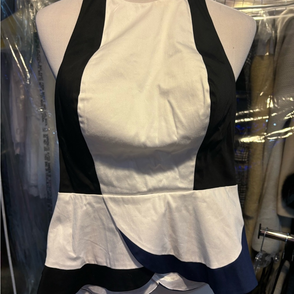 Chic Black White and navy peplum low back Halter Top